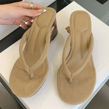 xajzpa New Fashion Shallow Round Clip Toe Wedge Woman Slippers Summer Timber High Heels Flip Flops Slide Shoes